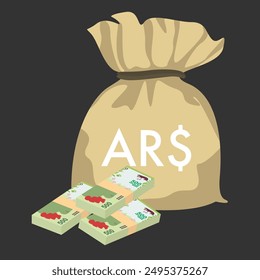 Argentine Peso Vector Illustration. Argentina money set bundle banknotes. Money bag 500 ARS. Flat style. Isolated on white background. Simple minimal design.