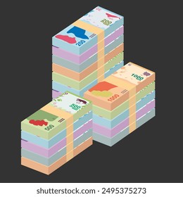 Argentine Peso Vector Illustration. Argentina money set bundle banknotes. Paper money 50, 100, 200, 500, 1000 ARS. Flat style. Isolated on white background. Simple minimal design.