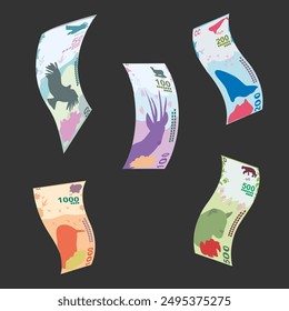 Argentine Peso Vector Illustration. Argentina money set bundle banknotes. Falling, flying money 50, 100, 200, 500, 1000 ARS. Flat style. Isolated on white background. Simple minimal design.