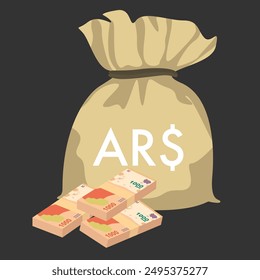 Argentine Peso Vector Illustration. Argentina money set bundle banknotes. Money bag 1000 ARS. Flat style. Isolated on white background. Simple minimal design.