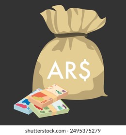 Argentine Peso Vector Illustration. Argentina money set bundle banknotes. Money bag 200, 500, 1000 ARS. Flat style. Isolated on white background. Simple minimal design.