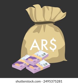 Argentine Peso Vector Illustration. Argentina money set bundle banknotes. Money bag 100 ARS. Flat style. Isolated on white background. Simple minimal design.