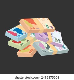 Argentine Peso Vector Illustration. Argentina money set bundle banknotes. Paper money 50, 100, 200, 500, 1000 ARS. Flat style. Isolated on white background. Simple minimal design.