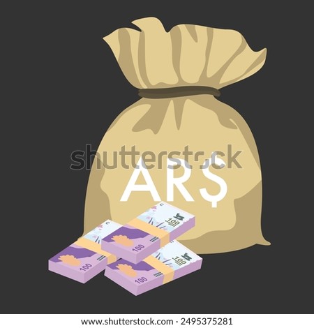 Argentine Peso Vector Illustration. Argentina money set bundle banknotes. Money bag 100 ARS. Flat style. Isolated on white background. Simple minimal design.