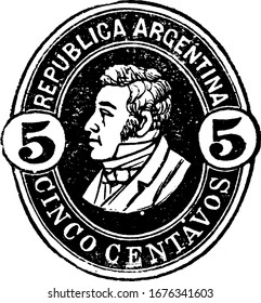 Argentine Republic Telegraph Stamp (40 centavos) from 1890, an adhesive piece of paper was stuck to show an amount of money being paid, a postage stamp, vintage line drawing or engraving illustration.