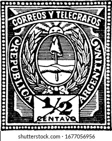 Argentine Republic Wrapper (1/2 centavo) from 1889, an adhesive piece of paper stuck to show an amount of money being paid, mainly a postage stamp, vintage line drawing or engraving illustration.