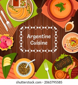 Argentine restaurant menu cover with vector Argentinian cuisine food. Barbecue meat asado with chorizo sausages and pork, empanada pies, yerba mate and vegetable soup, dulce de leche and ice cream