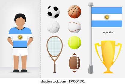 Argentine sportsman with sport equipment collection vector illustrations