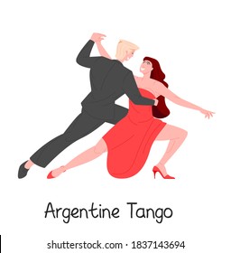 Argentine tango dancing people vector flat illustration. Elegant man and woman in red dress dancing romance dance together. Passionate couple characters on party isolated on white background.