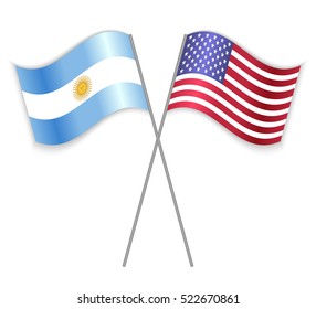 Argentinean and American crossed flags. Argentina combined with United States of America isolated on white. Language learning, international business or travel concept.