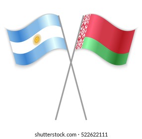 Argentinean and Belarusian crossed flags. Argentina combined with Belarus isolated on white. Language learning, international business or travel concept.