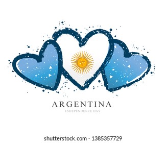 Argentinean flag in the form of three hearts. Vector illustration on white background. Brush strokes drawn by hand. Argentine Independence Day.