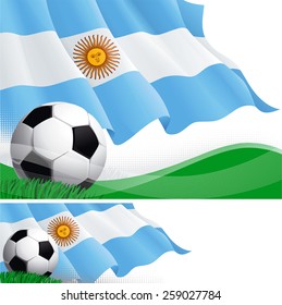Argentinean soccer. Vector background and banner of soccer ball and Argentinean flag on green grass.  