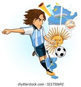 Argentines Soccer Player Kick Ball With Background Of Map And Culture Of Argentina