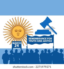 Argentinian flag with illustration of demonstrators and judge gavel, with bold text to commemorate Remembrance for Truth and Justice on March 24 in Argentina