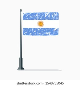 Argentinian flag with scratches, vector flag of Argentina on flagpole with shadow.