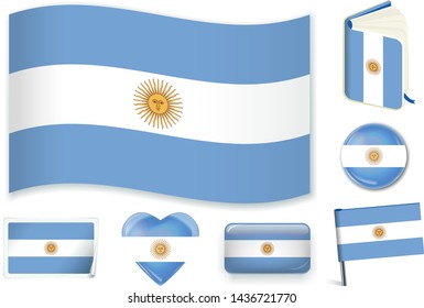 Argentinian national flag. Vector illustration. 3 layers. Shadows, flat flag, lights and shadows. Collection of 220 world flags. Accurate colors. Easy changes.