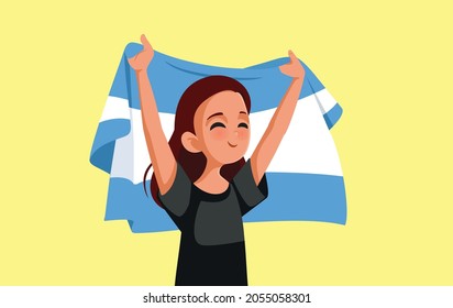 Argentinian Woman Holding National Flag Vector Cartoon. Happy patriotic citizen from Argentina holding national flag celebrating October 3rd
