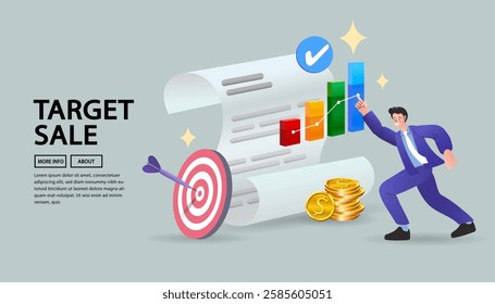 arget sale with revenue. red target and arrows. financial target marketing concept. billing analyst and billing specialist. Business achievement and success concept. Vector illustration.