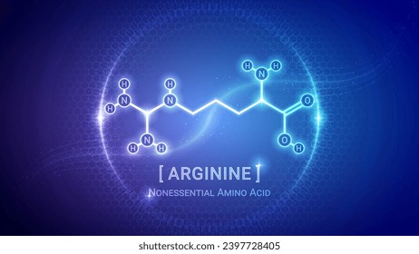 Arginine, Amino Acid Chemical Structure, Organic Compound, Molecule, Chemistry, Biology, Medical, Nutrition Futuristic Hologram Neon Glow Bright Translucent Backdrop Background Illustration