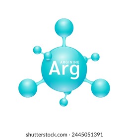 Arginine amino acid. Molecules that combine to form proteins nutrients necessary for health muscle. Biomolecules model 3D blue for ads dietary supplements. Medical scientific concepts. Vector.