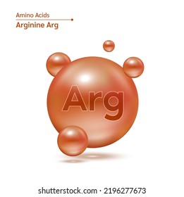 Arginina (Arg) cápsulas de aminoácidos vitaminas minerales complejos. Modelo 3D de molécula marrón aislado sobre fondo blanco. Para el suplemento alimenticio y el diseño de paquetes. Concepto médico de ciencia. EPS10 vectores.