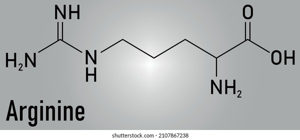 Arginine or L-arginine, Arg, R, amino acid molecule. Skeletal formula.