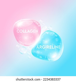 Argireline (Acetyl hexapeptide-3) and Collagen pink for skin care. Vitamins complex moisturizing from nature oxygen bubble. Beauty treatment nutrition skin care design. Medical concepts. 3D Vector.