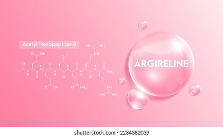 Argireline (Acetyl hexapeptide-3) and structure. Moisturizer collagen solution in the shape pink drop water. Beauty treatment nutrition skincare design. Medical concepts. 3D Realistic Vector.