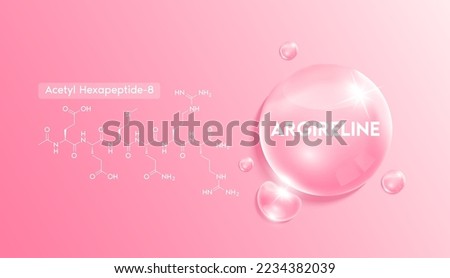 Argireline (Acetyl hexapeptide-3) and structure. Moisturizer collagen solution in the shape pink drop water. Beauty treatment nutrition skincare design. Medical concepts. 3D Realistic Vector.