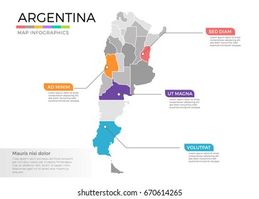  Argnetina map infographic vector template with regions and pointer marks