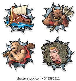 Argo, Minotaur, Cyclops and Gorgon from Greek mythology, vector illustration