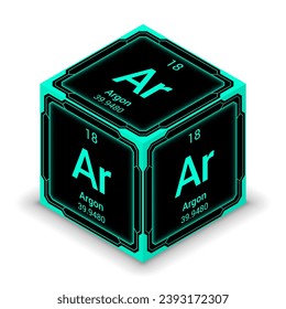 Argon (Ar) (018) - Fundamental Element Futuristic Cybernetic Cube Block Isometric View, Icon Isolated White Background, Periodic Table, Chemical Symbol, Name, Atomic Mass, Atomic Number