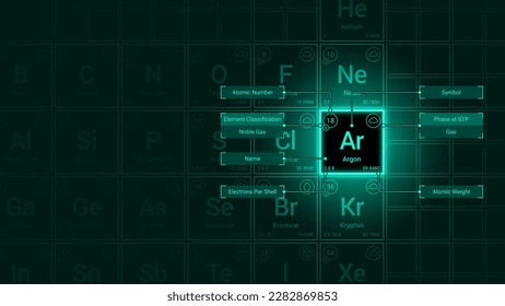 Argon (Ar) Element Neon Light Glow Square Grid Background Design - Periodische Tabelle, chemisches Symbol, Name, Atomgewicht, Atomnummer, Elektronenschalen, Klassifizierung, Phase bei STP