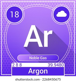 Argon (Ar)-Element - Edelgas - Periodische Tabelle, chemisches Symbol, Name, Atomgewicht, Atomnummer, Elektronenschalen, Klassifizierung, Phase bei STP - Logo-Design der Chemie