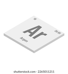 Argon, Ar, gray 3D isometric illustration of periodic table element with name, symbol, atomic number and weight. Inert gas commonly used in welding and as a protective atmosphere for certain