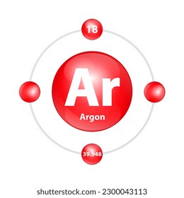 Argón (Ar) Estructura del icono elemento químico forma redonda círculo luz roja con anillo envolvente. Vector de ilustración 3D. Número de periodo muestra niveles de energía de electrones. Estudios científicos para la educación