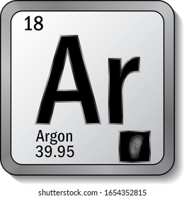 Argon or Ar periodic table element icon on silver metallic button vector illustration. 3d sticker with soft shadow for chemical product label or digital web page graphic design element.