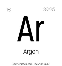 Argon, Ar, periodic table element with name, symbol, atomic number and weight. Inert gas commonly used in welding and as a protective atmosphere for certain industrial processes.