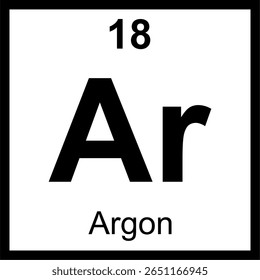 Quadro periódico de elementos de árgon (Ar). Ícone minimalista com número atômico 18. Elemento de gás nobre utilizado na soldadura e lâmpadas elétricas. Conceito de educação científica.