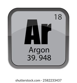 Argon element icon. Symbol Ar detail. Number 18 eighteen. Mass 39.948 feature.