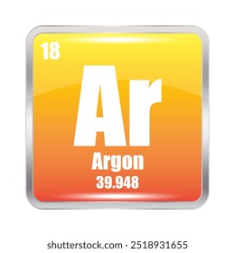 Icono de argón. Elemento químico. Número atómico 18. Masa 39.948. Imagen cuadrada amarilla. Símbolo de Vector.