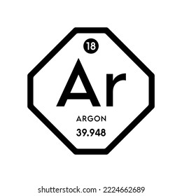 Argon icon chemical elements and formulas atomic number scientific, atomic weight. Periodic table symbol isolated octagon on white background. Ecology biochemistry concept. Vector EPS 10.