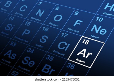 Argon on periodic table of elements. Noble gas, with symbol Ar and atomic number 18, used as inert shielding gas, in incandescent, fluorescent lighting, and gas-discharge tubes with lilac-violet glow.