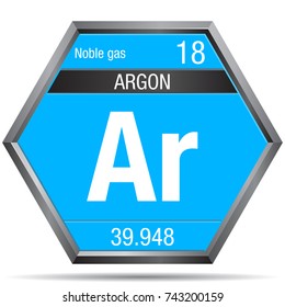 Argon symbol in the form of a hexagon with a metallic frame. Element number 18 of the Periodic Table of the Elements - Chemistry