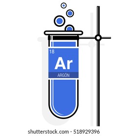 Argon symbol - Argon in Spanish language - on label in a blue test tube with holder. Element number 18 of the Periodic Table of the Elements - Chemistry