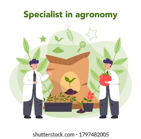 Argonomist concept. Scientist making research in agriculture. Idea of farming and cultivation. Organic harvest selection. Isolated vector illustration