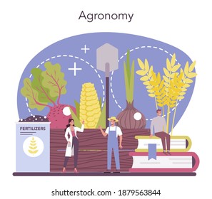 Argonomist concept. Scientist making research in agriculture. Idea of farming and cultivation. Organic harvest selection. Isolated vector illustration