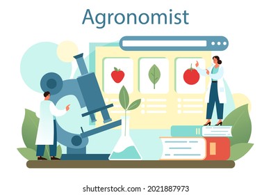 Argonomist concept. Scientist making research in agriculture. Idea of farming and cultivation. Organic harvest selection. Isolated vector illustration