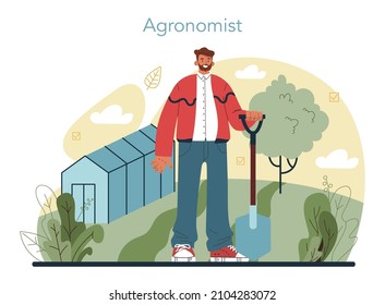 Concepto argonomista. Científico haciendo investigación en agricultura. Idea de cultivo y cultivo. Selección de cosecha orgánica. Ilustración vectorial aislada